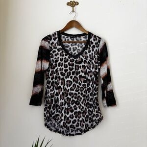 David Cline Crushed Safari Animal Print V Neck Top Medium